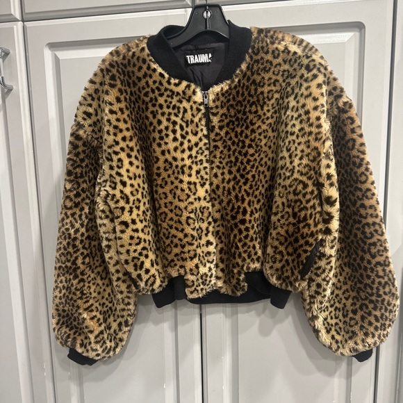 Vintage 90’s Y2K Leopard Faux Fur Bomber Full Zip Waist Jacket Soft, Plush Sz L - Picture 1 of 16
